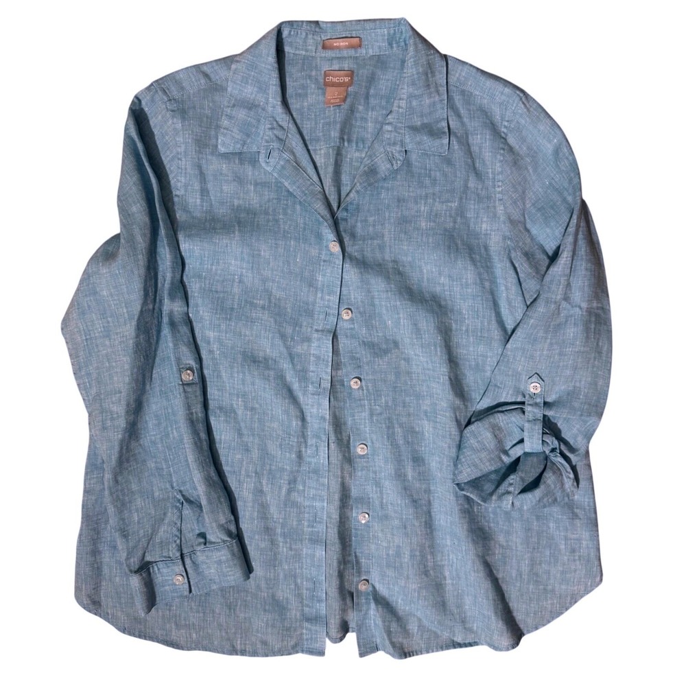 Chico's Womens 2 12/14 Shirt 100% Linen Button Down Roll Tab Sleeves Aqua Blue